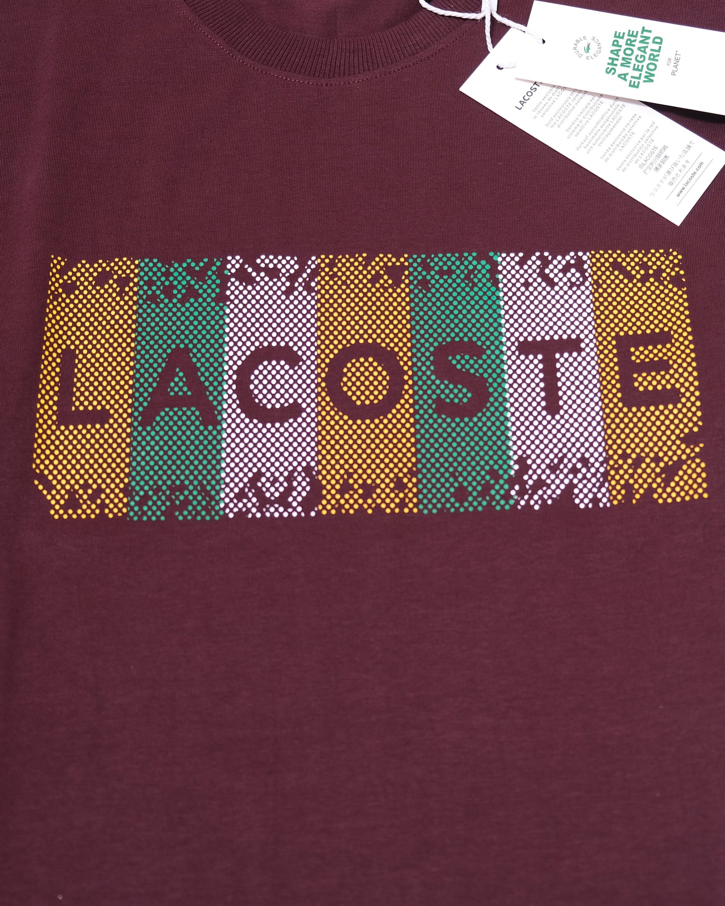 LACOSTE Burgundy Multi-Stripe Graphic Logo Crew Neck T-shirt
