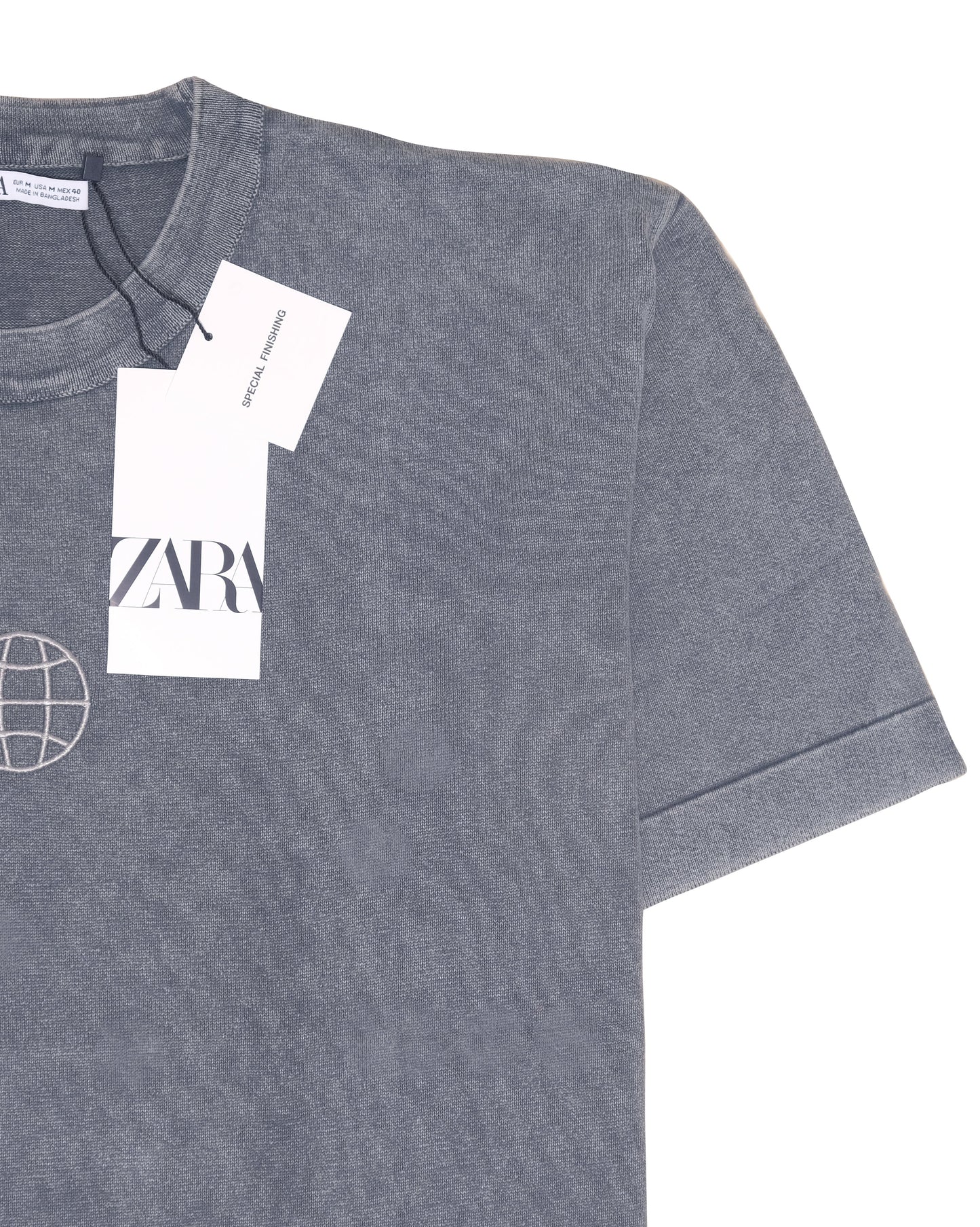 ZARA Slate Grey Globe Embroidered Vintage Wash T-shirt