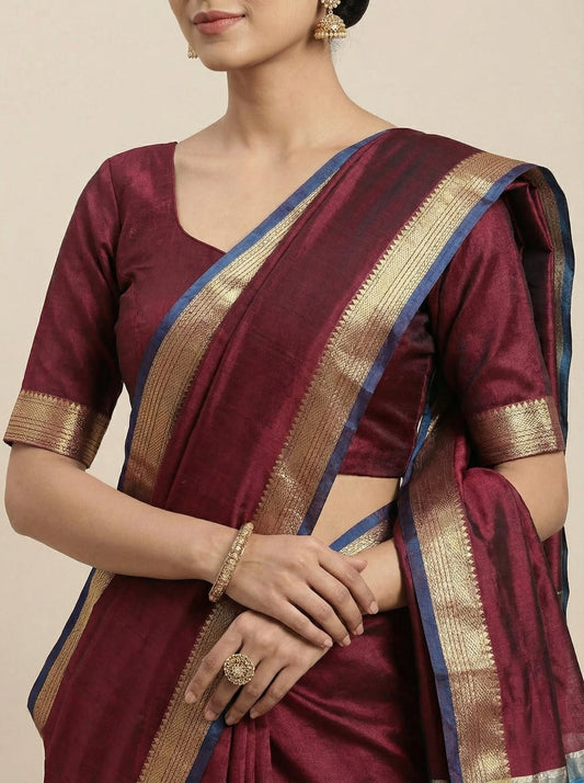 Elegant Weaves Maroon Silk Saree with Blue Border