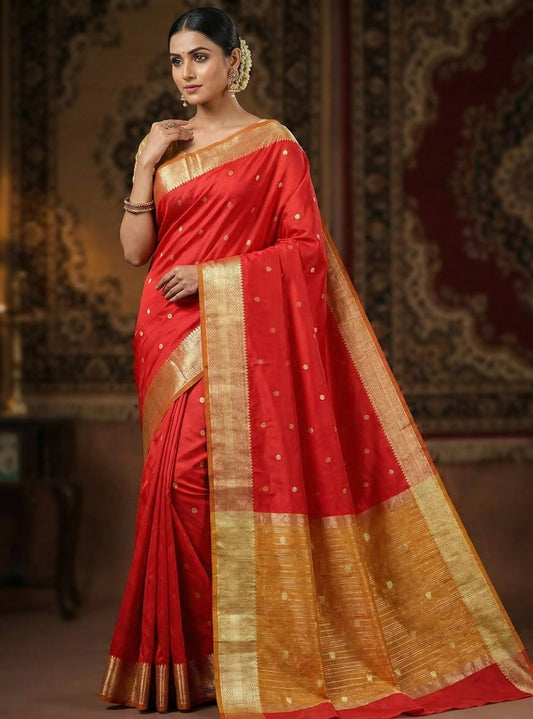 Elegant Weaves Classic Red Silk Saree with Golden Zari Border
