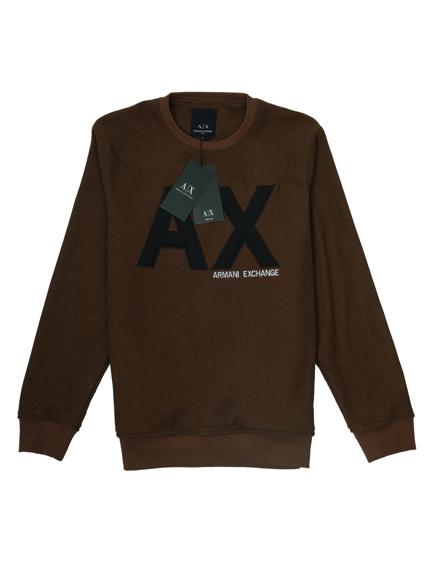 ARMANI EXCHANGE AX Brown Corduroy Logo Crewneck Sweatshirt