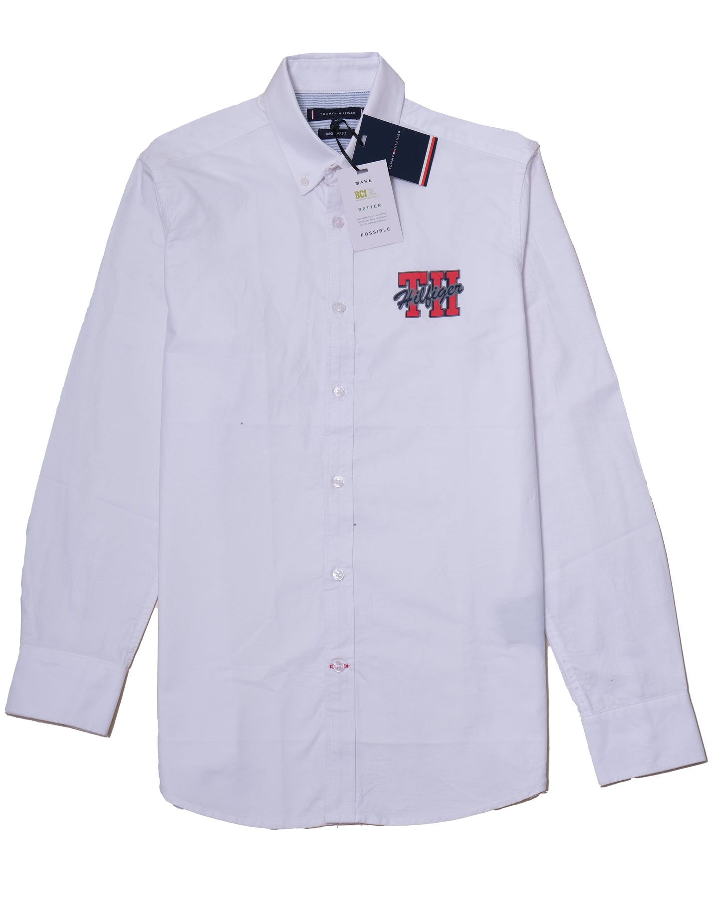 TOMMY HILFIGER White Embroidered Logo Crest Oxford Long Sleeve Shirt