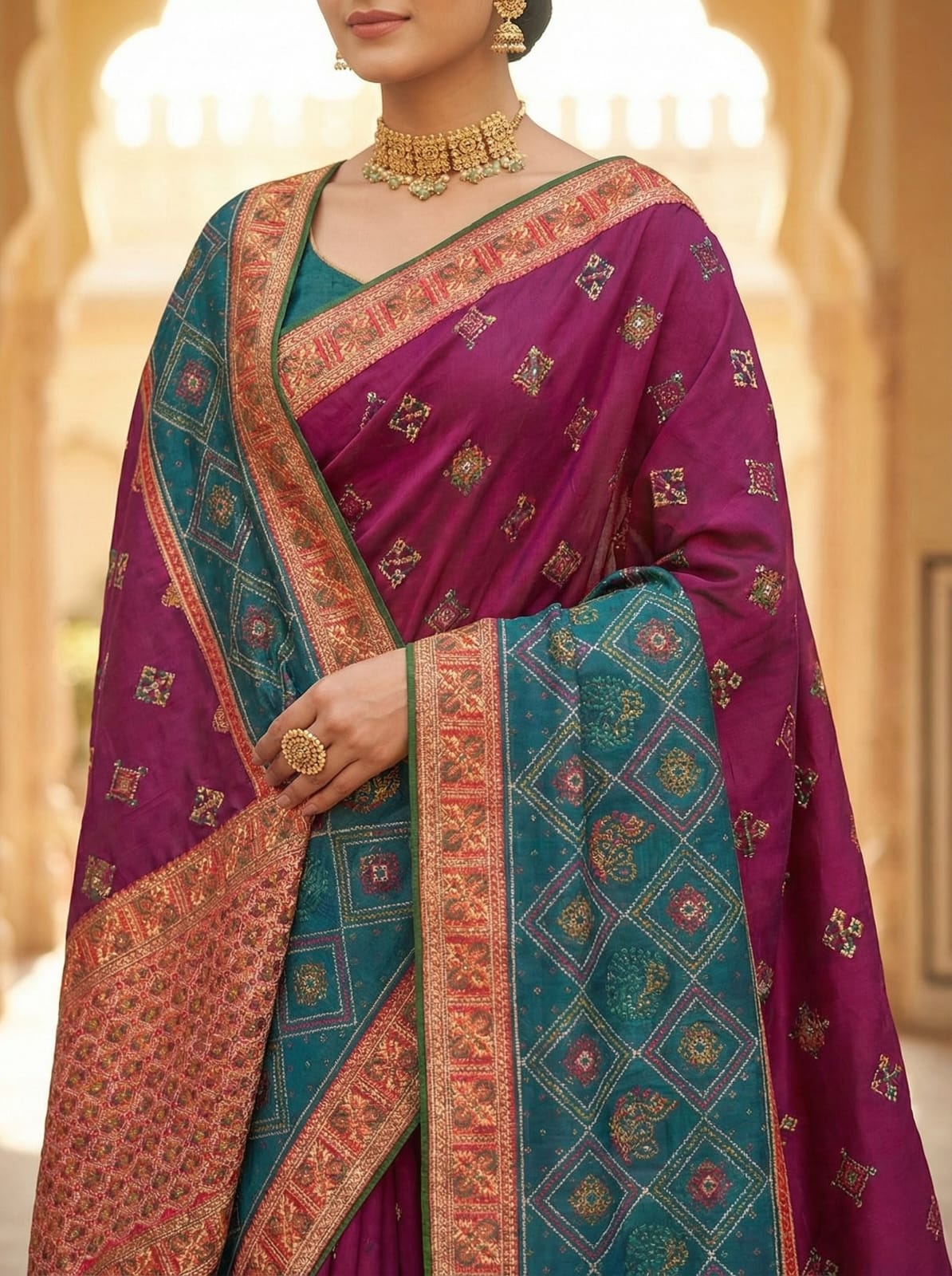 Elegant Weaves Traditional Purple and Teal Silk Saree with Intricate Border