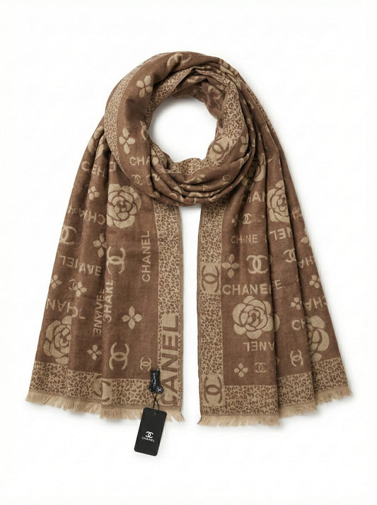 CHANEL Monogrammed Brown Cashmere Blend Scarf
