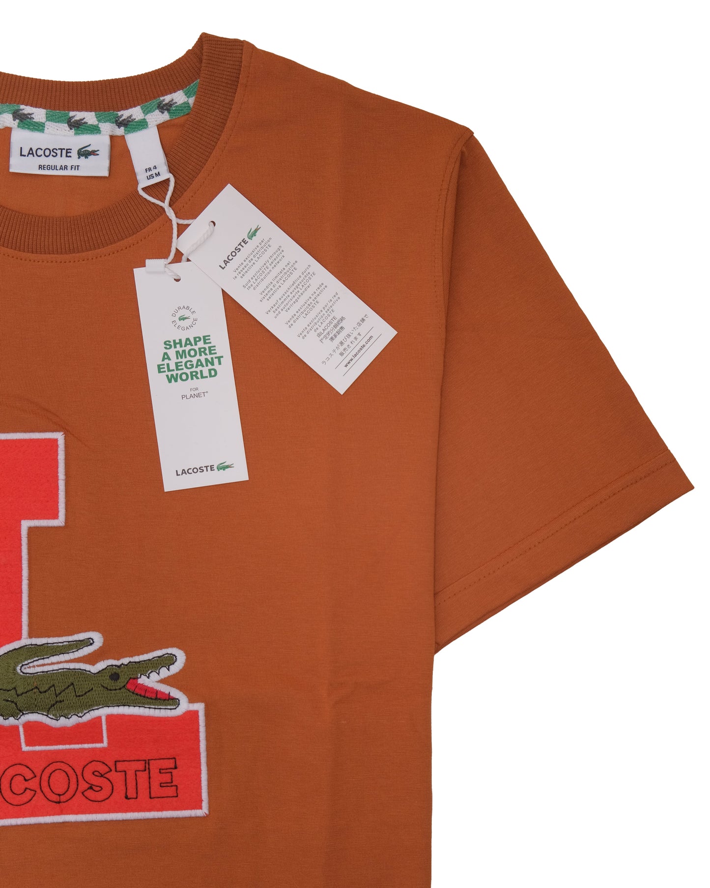 LACOSTE Orange Varsity Patch Croc Logo Appliqué Regular Fit T-shirt