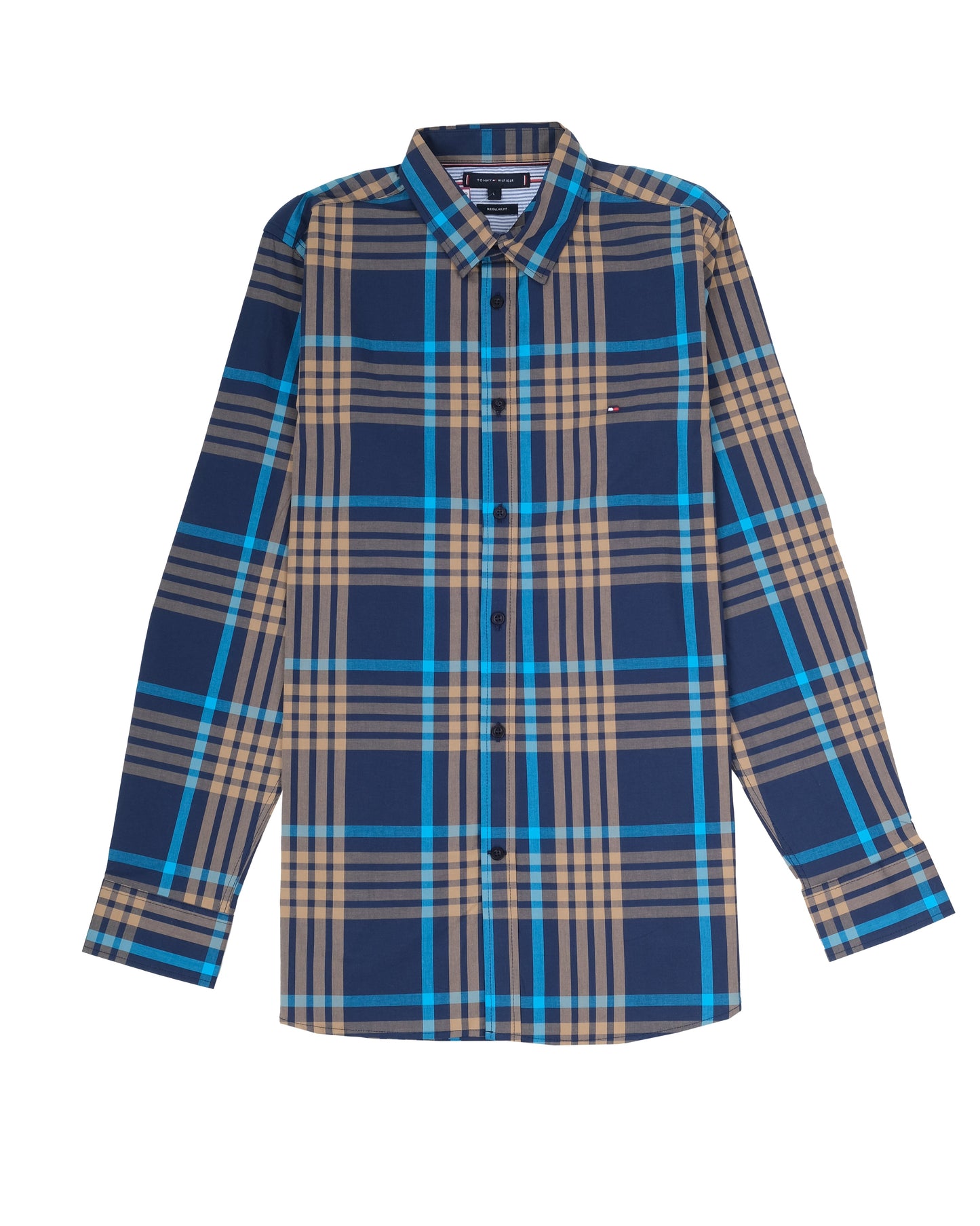 TOMMY HILFIGER Navy Beige Teal Plaid Essential Long Sleeve Shirt