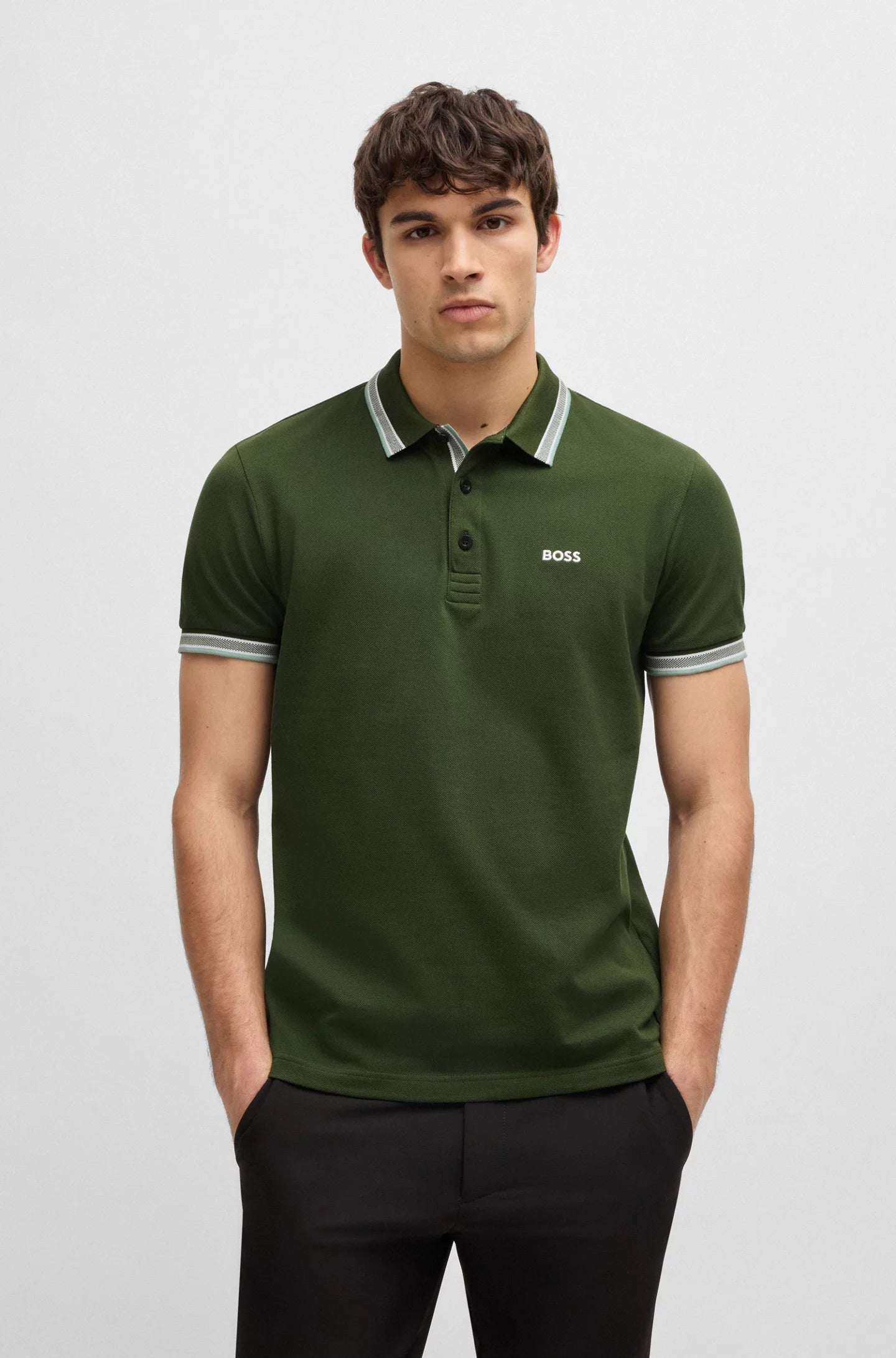 BOSS Military Green Contrast Trim Polo Shirt
