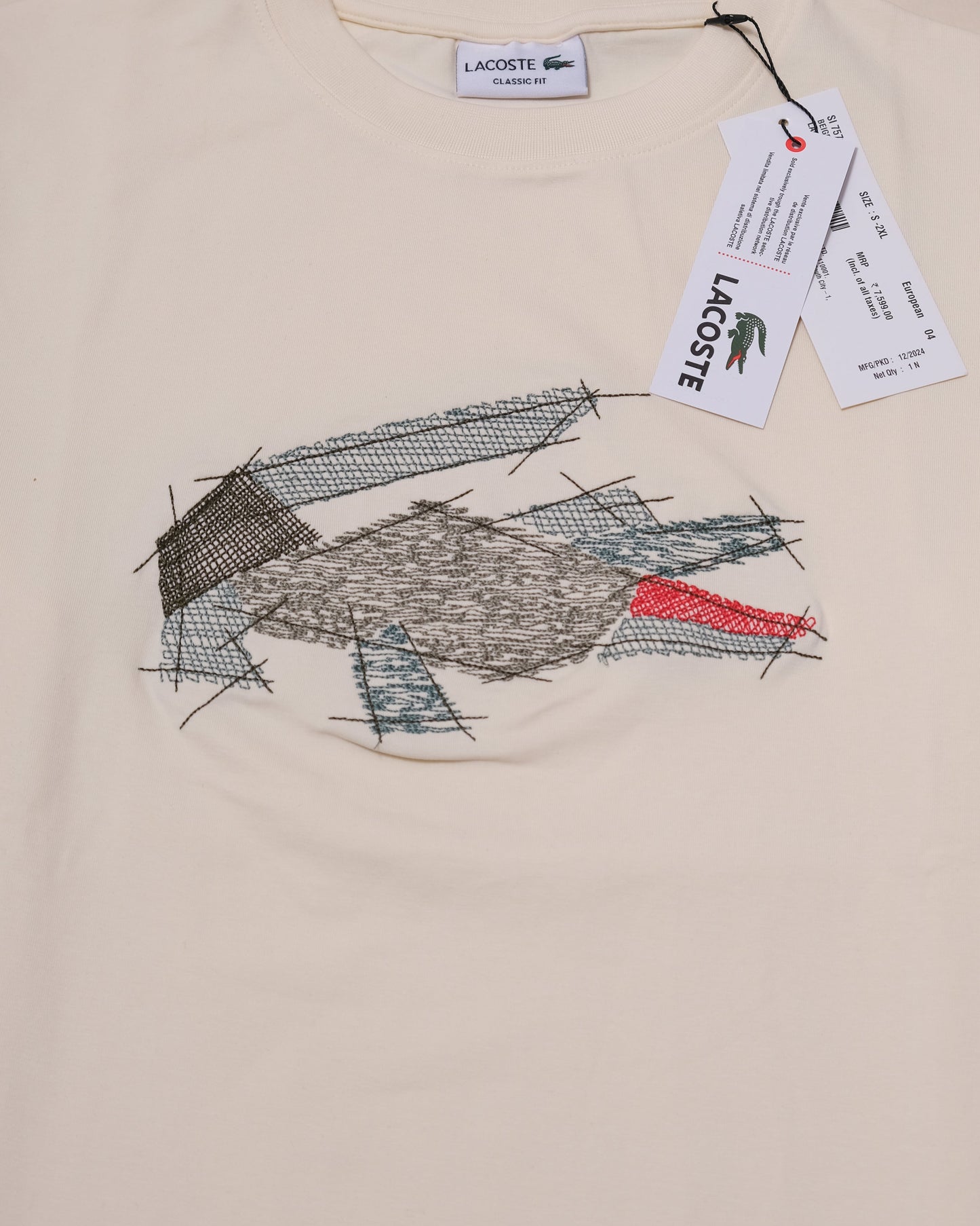 LACOSTE Off-White Abstract Croc Sketch Graphic Crewneck T-shirt